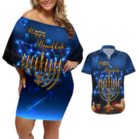 Personalised Hanukkah Couples Matching Off Shoulder Short Dress and Hawaiian Shirt Menorah Happy Jewish Holiday - Wonder Print Shop