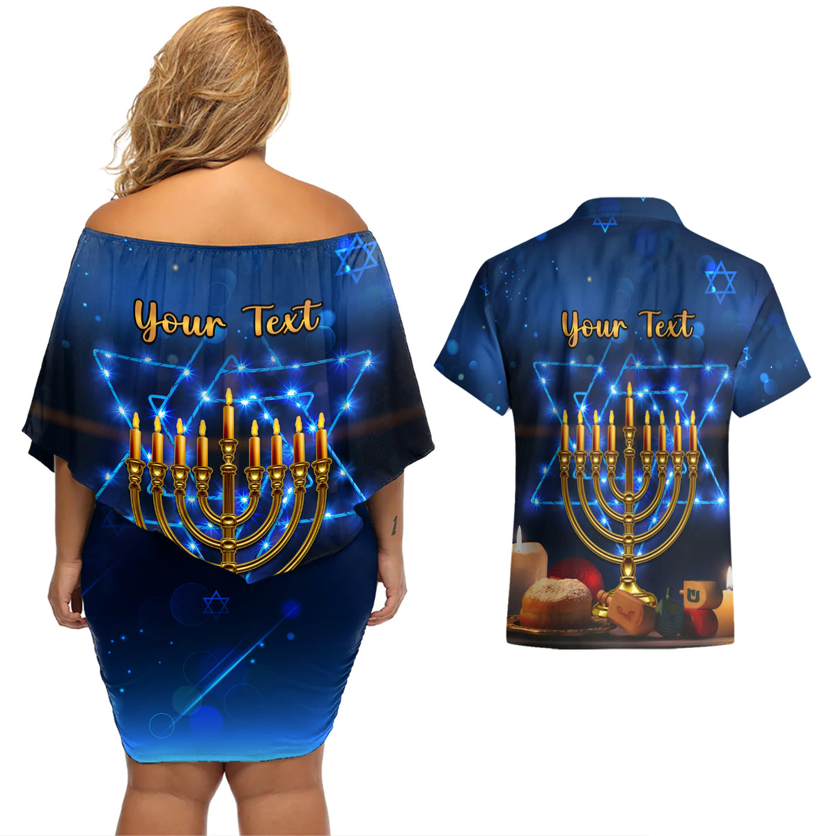 Personalised Hanukkah Couples Matching Off Shoulder Short Dress and Hawaiian Shirt Menorah Happy Jewish Holiday - Wonder Print Shop