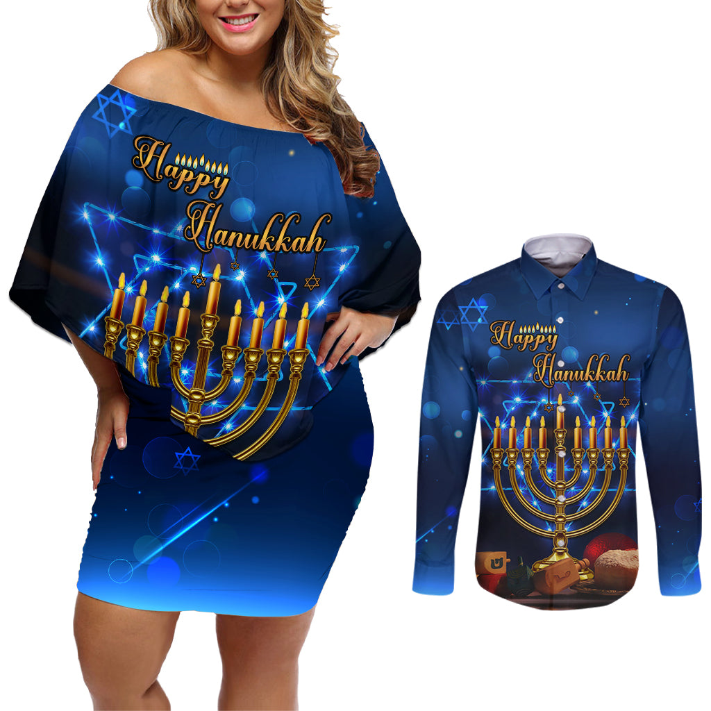 Personalised Hanukkah Couples Matching Off Shoulder Short Dress and Long Sleeve Button Shirt Menorah Happy Jewish Holiday - Wonder Print Shop
