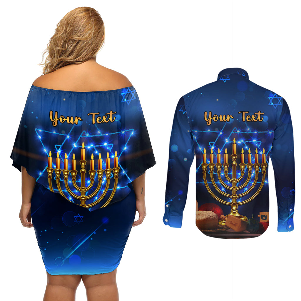 Personalised Hanukkah Couples Matching Off Shoulder Short Dress and Long Sleeve Button Shirt Menorah Happy Jewish Holiday - Wonder Print Shop