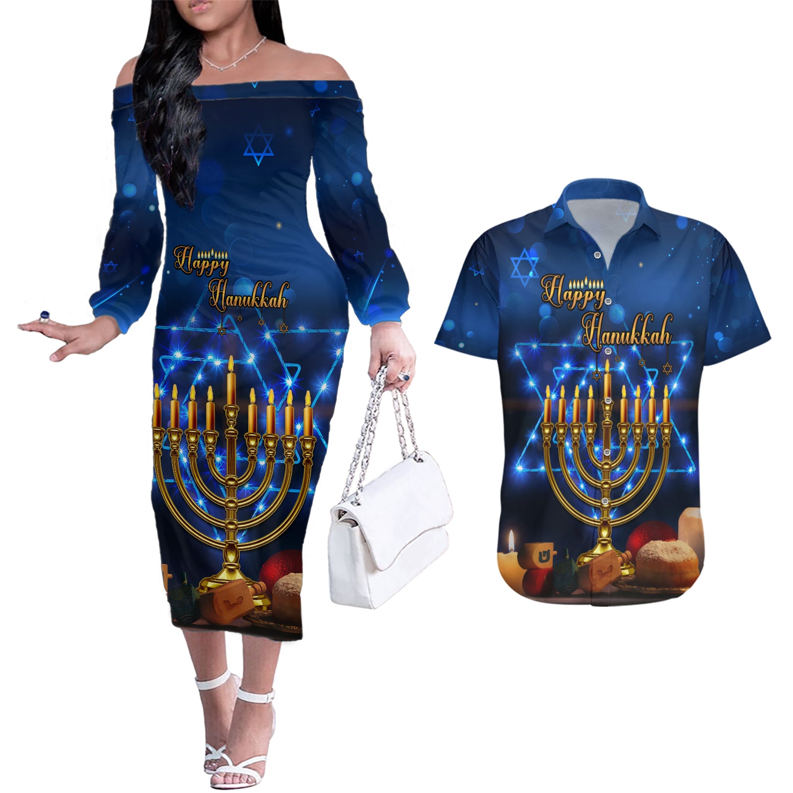Personalised Hanukkah Couples Matching Off The Shoulder Long Sleeve Dress and Hawaiian Shirt Menorah Happy Jewish Holiday - Wonder Print Shop
