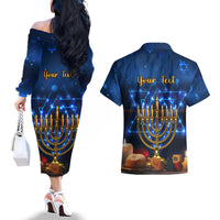 Personalised Hanukkah Couples Matching Off The Shoulder Long Sleeve Dress and Hawaiian Shirt Menorah Happy Jewish Holiday - Wonder Print Shop