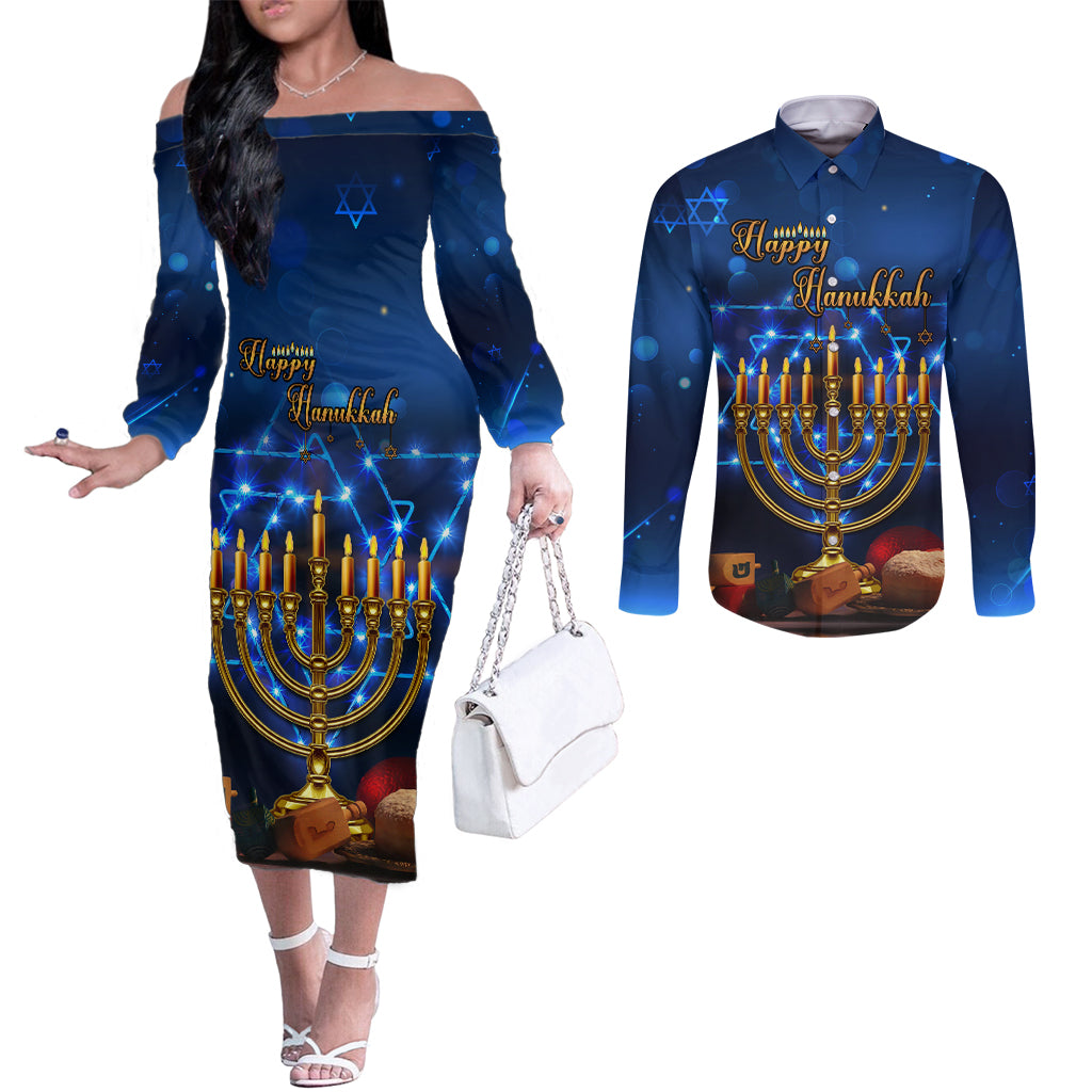 personalised-hanukkah-couples-matching-off-the-shoulder-long-sleeve-dress-and-long-sleeve-button-shirt-menorah-happy-jewish-holiday