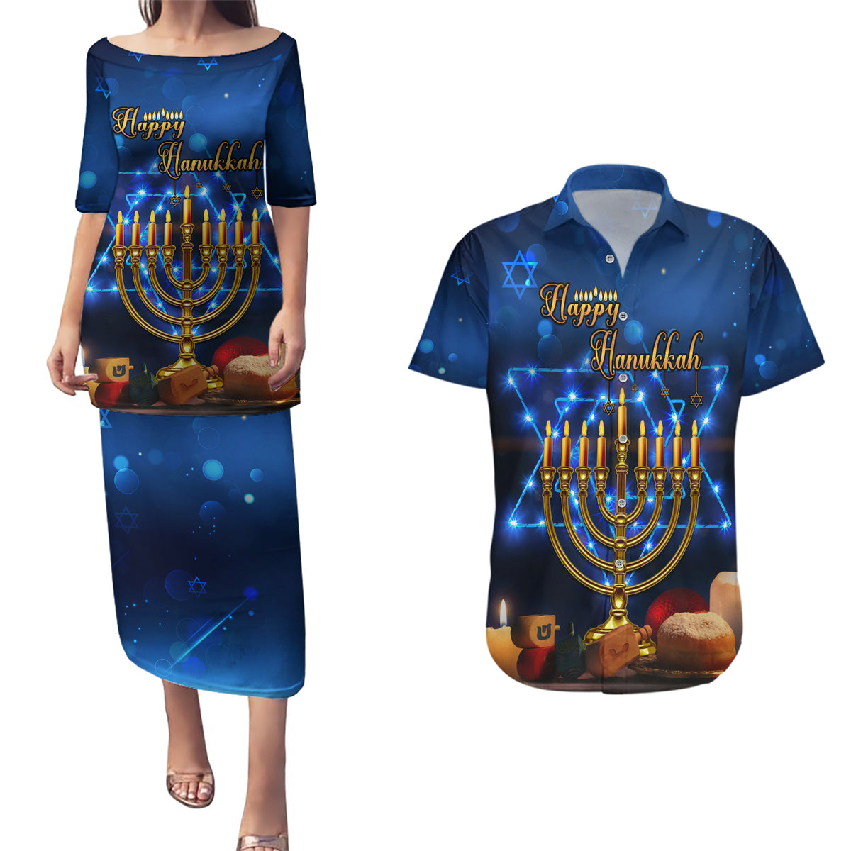 Personalised Hanukkah Couples Matching Puletasi Dress and Hawaiian Shirt Menorah Happy Jewish Holiday - Wonder Print Shop