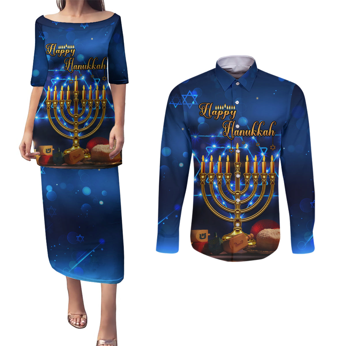 Personalised Hanukkah Couples Matching Puletasi Dress and Long Sleeve Button Shirt Menorah Happy Jewish Holiday - Wonder Print Shop