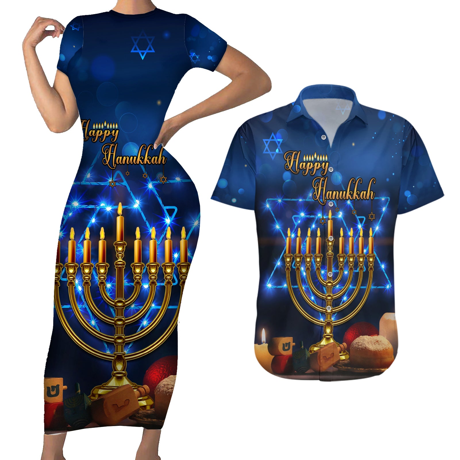 Personalised Hanukkah Couples Matching Short Sleeve Bodycon Dress and Hawaiian Shirt Menorah Happy Jewish Holiday - Wonder Print Shop