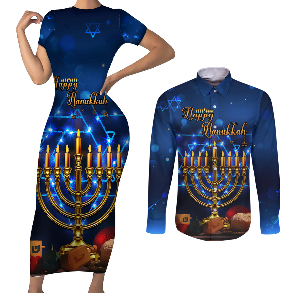 Personalised Hanukkah Couples Matching Short Sleeve Bodycon Dress and Long Sleeve Button Shirt Menorah Happy Jewish Holiday - Wonder Print Shop