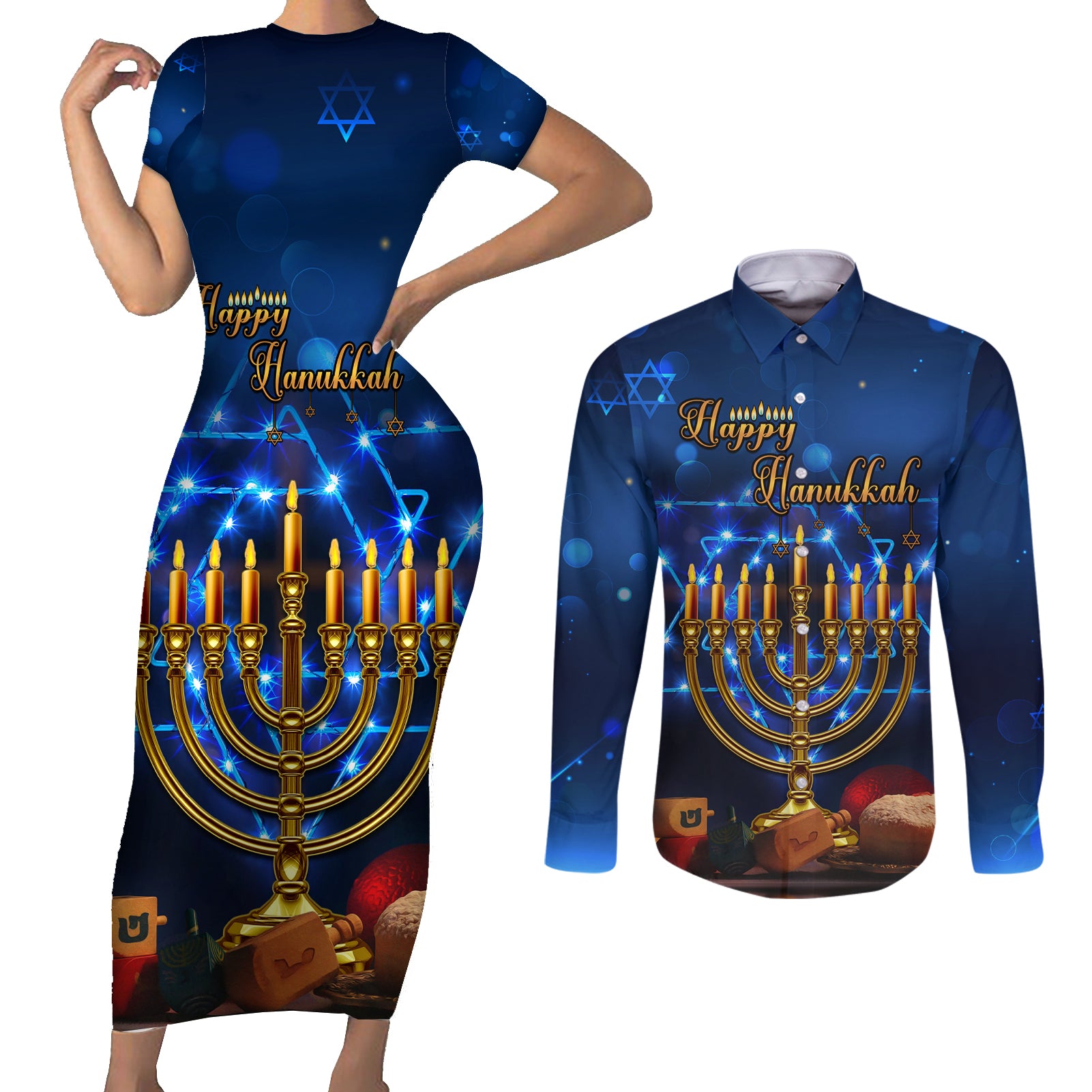 Personalised Hanukkah Couples Matching Short Sleeve Bodycon Dress and Long Sleeve Button Shirt Menorah Happy Jewish Holiday - Wonder Print Shop