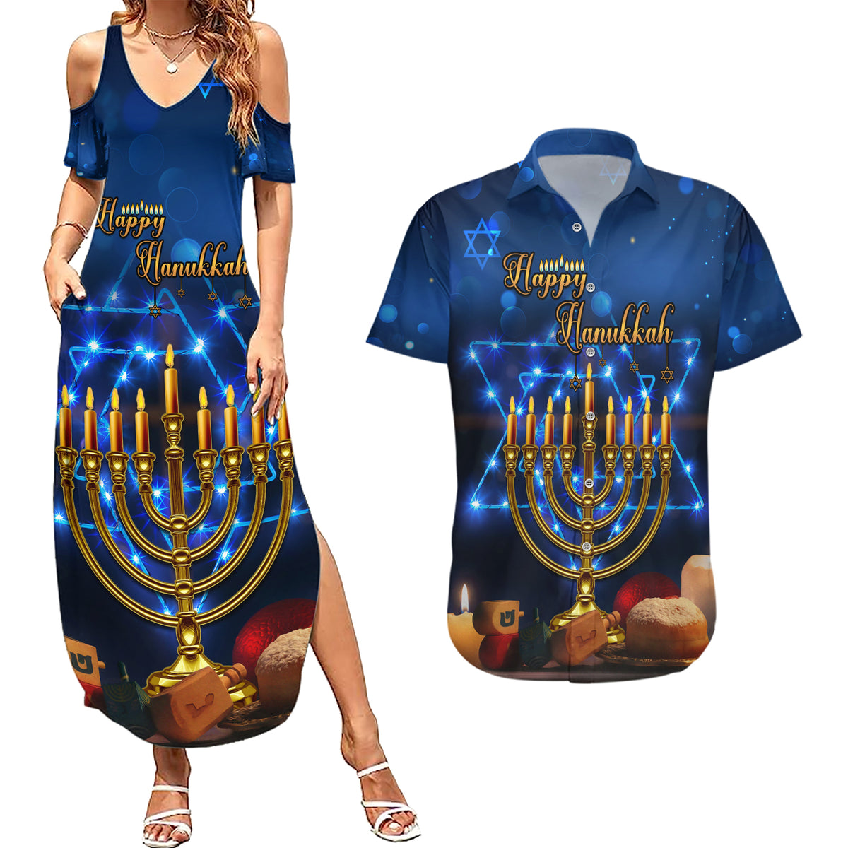 Personalised Hanukkah Couples Matching Summer Maxi Dress and Hawaiian Shirt Menorah Happy Jewish Holiday - Wonder Print Shop
