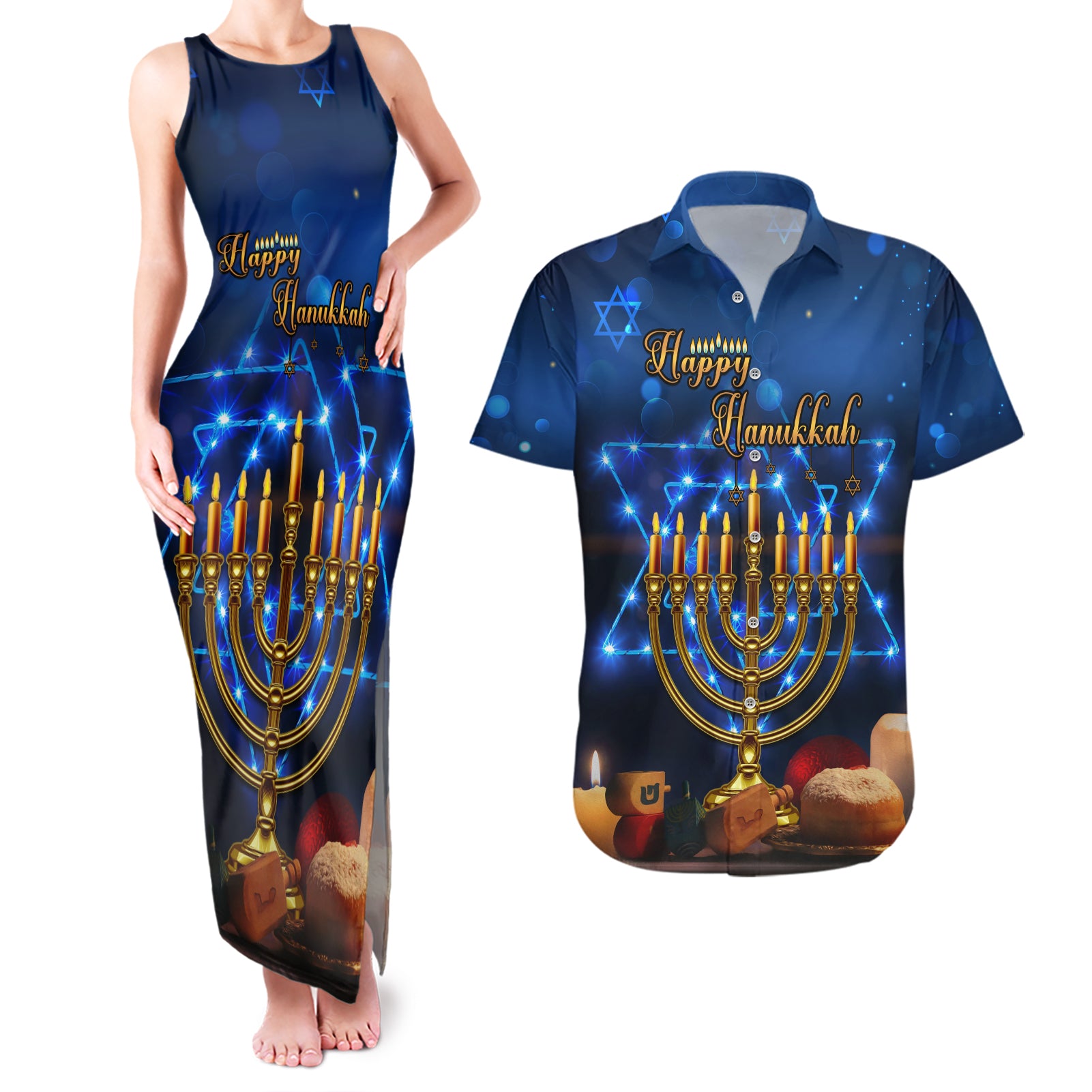 Personalised Hanukkah Couples Matching Tank Maxi Dress and Hawaiian Shirt Menorah Happy Jewish Holiday - Wonder Print Shop