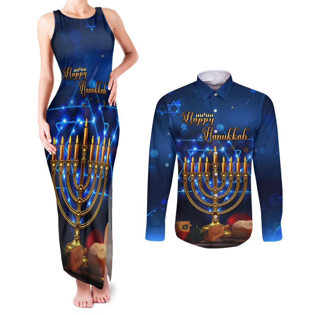 Personalised Hanukkah Couples Matching Tank Maxi Dress and Long Sleeve Button Shirt Menorah Happy Jewish Holiday - Wonder Print Shop