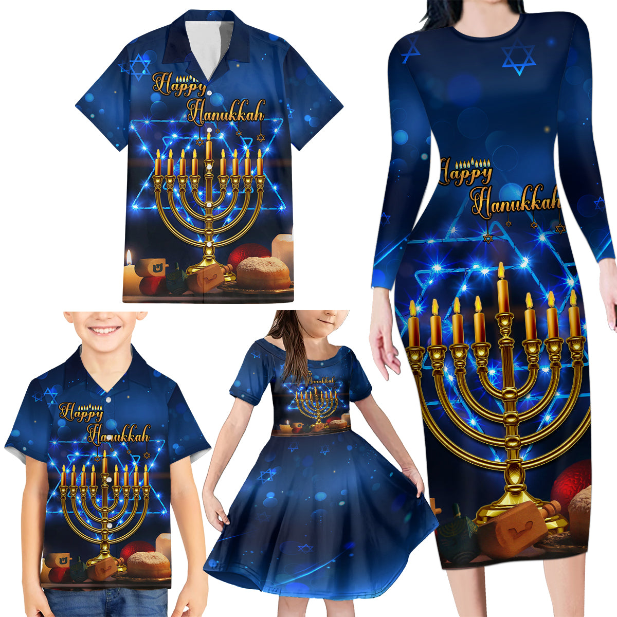Personalised Hanukkah Family Matching Long Sleeve Bodycon Dress and Hawaiian Shirt Menorah Happy Jewish Holiday - Wonder Print Shop