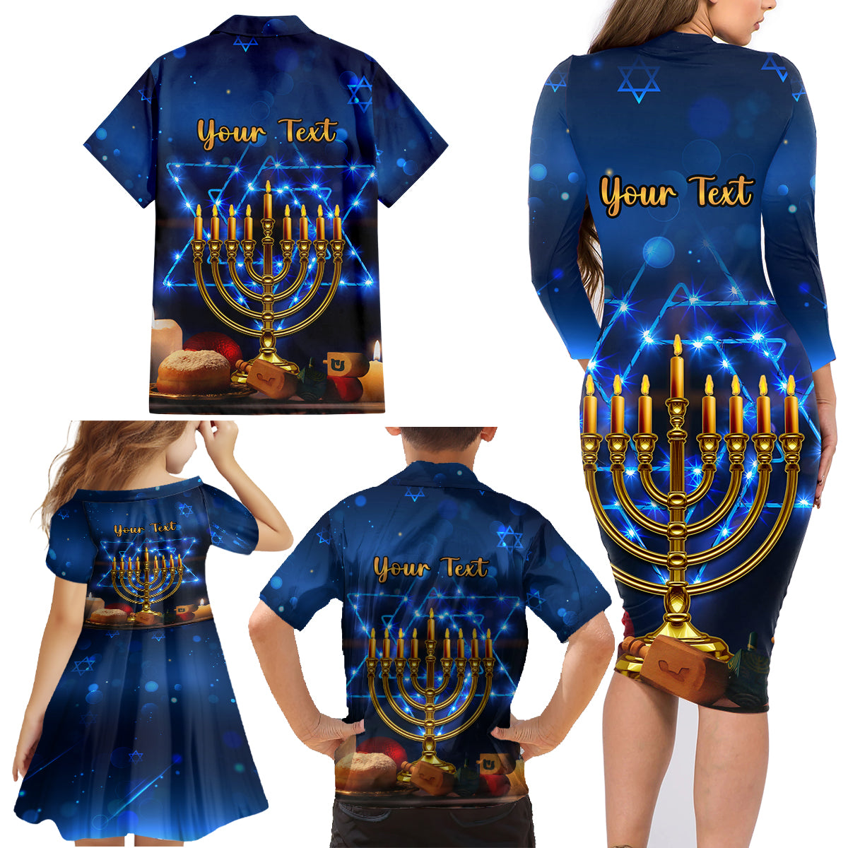 Personalised Hanukkah Family Matching Long Sleeve Bodycon Dress and Hawaiian Shirt Menorah Happy Jewish Holiday - Wonder Print Shop