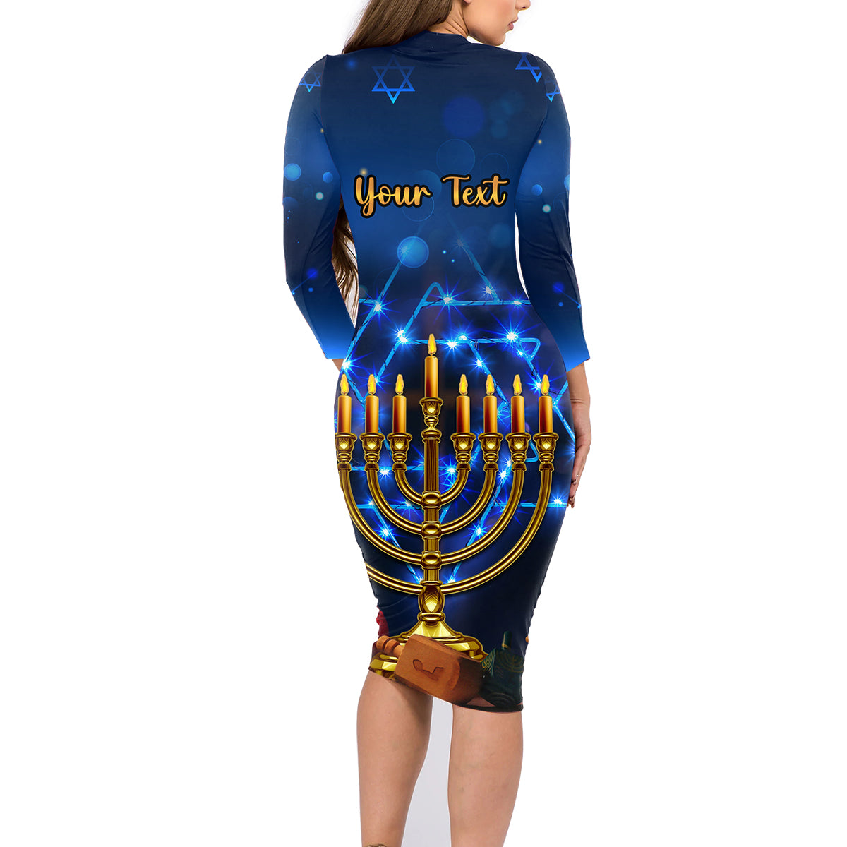 Personalised Hanukkah Family Matching Long Sleeve Bodycon Dress and Hawaiian Shirt Menorah Happy Jewish Holiday - Wonder Print Shop
