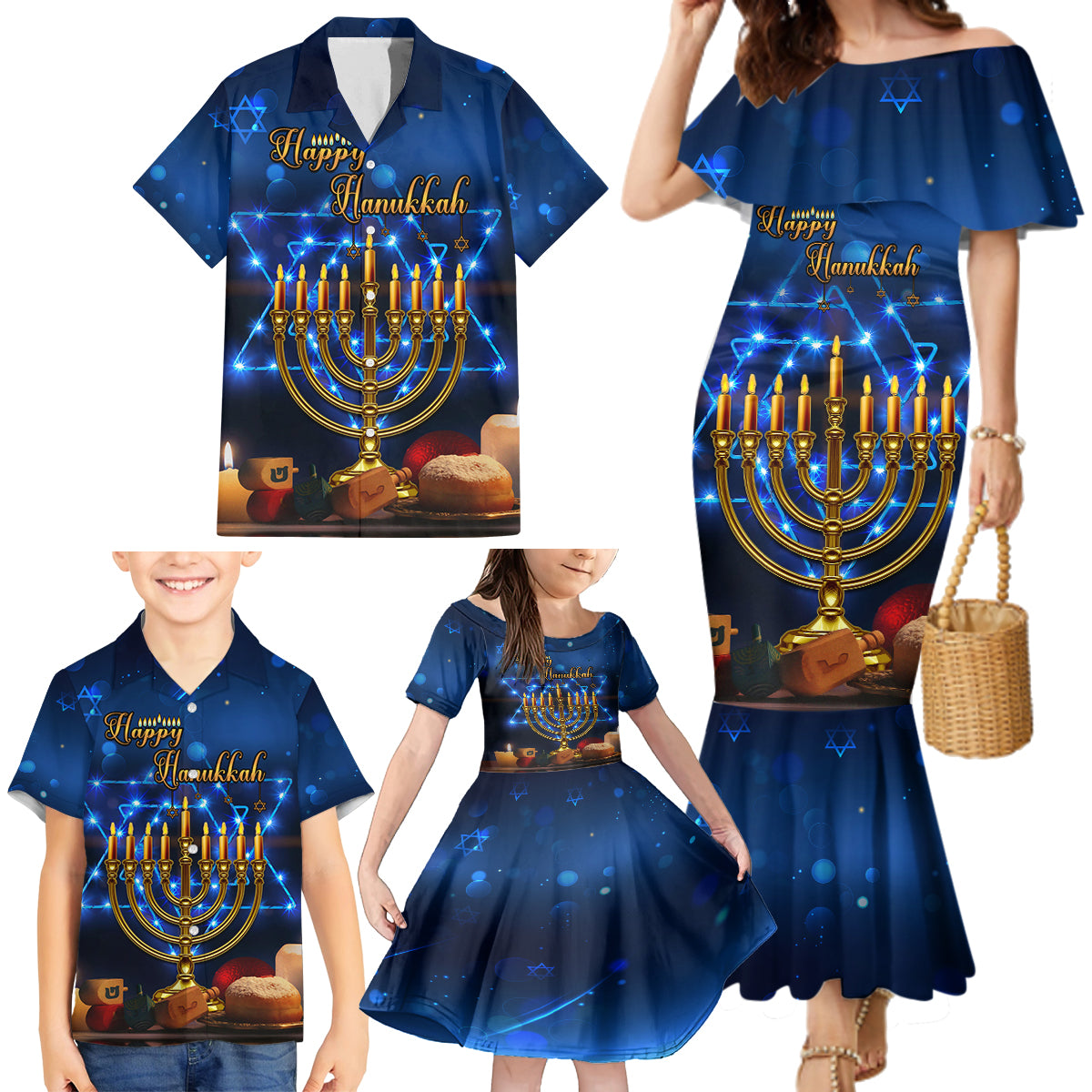 Personalised Hanukkah Family Matching Mermaid Dress and Hawaiian Shirt Menorah Happy Jewish Holiday - Wonder Print Shop