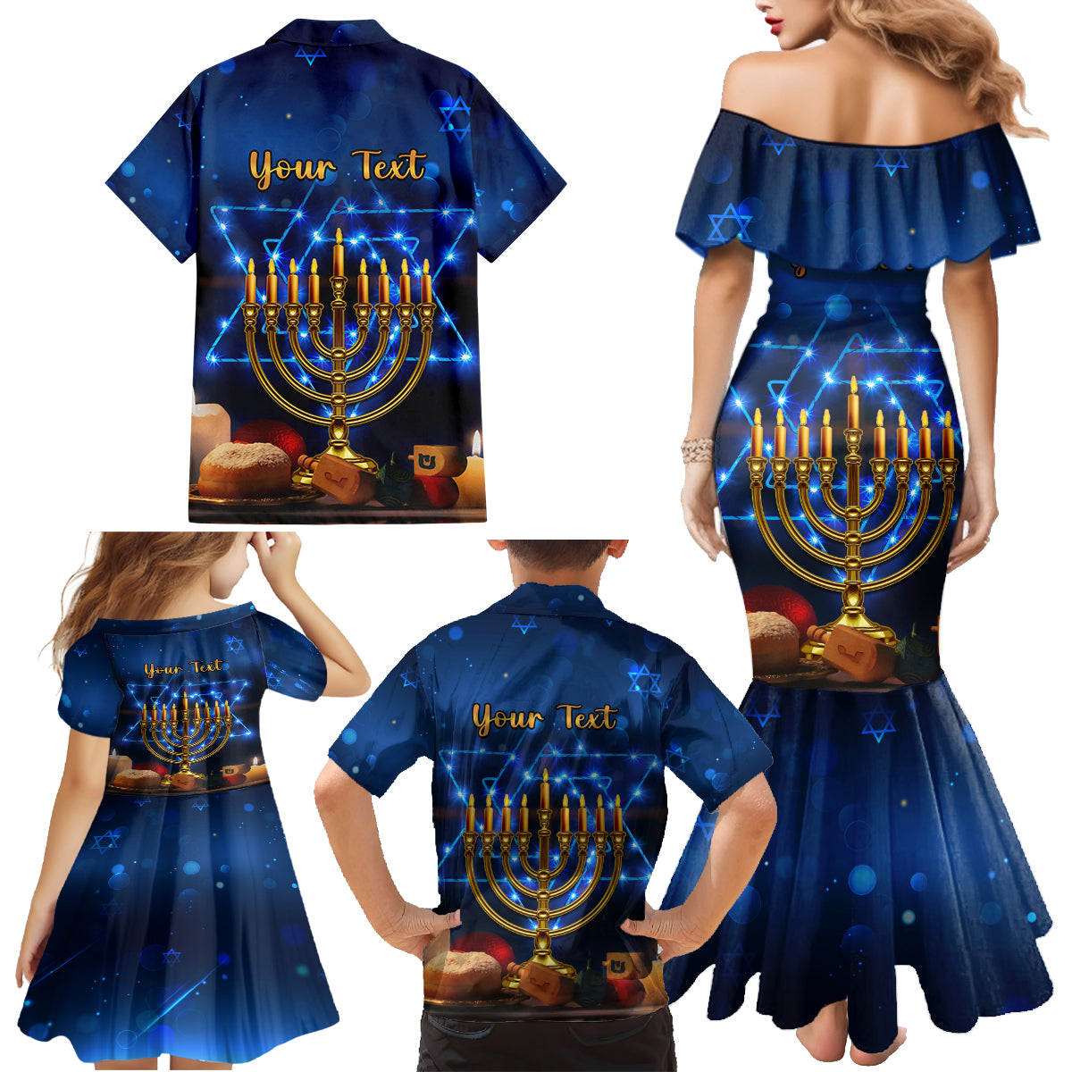Personalised Hanukkah Family Matching Mermaid Dress and Hawaiian Shirt Menorah Happy Jewish Holiday - Wonder Print Shop