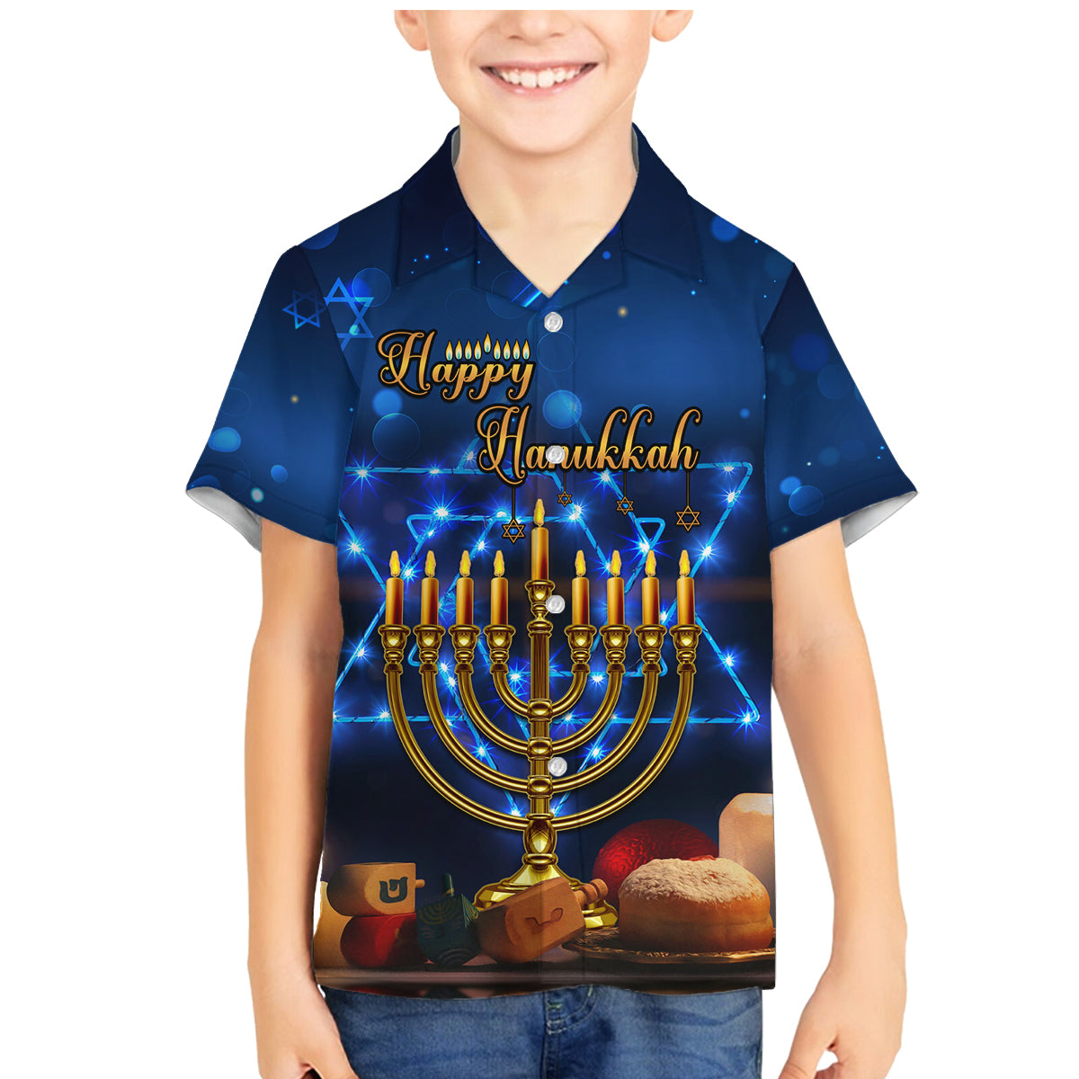 Personalised Hanukkah Family Matching Mermaid Dress and Hawaiian Shirt Menorah Happy Jewish Holiday - Wonder Print Shop