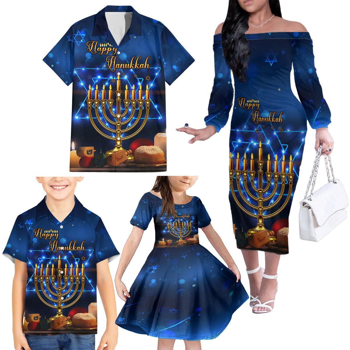 Personalised Hanukkah Family Matching Off Shoulder Long Sleeve Dress and Hawaiian Shirt Menorah Happy Jewish Holiday - Wonder Print Shop