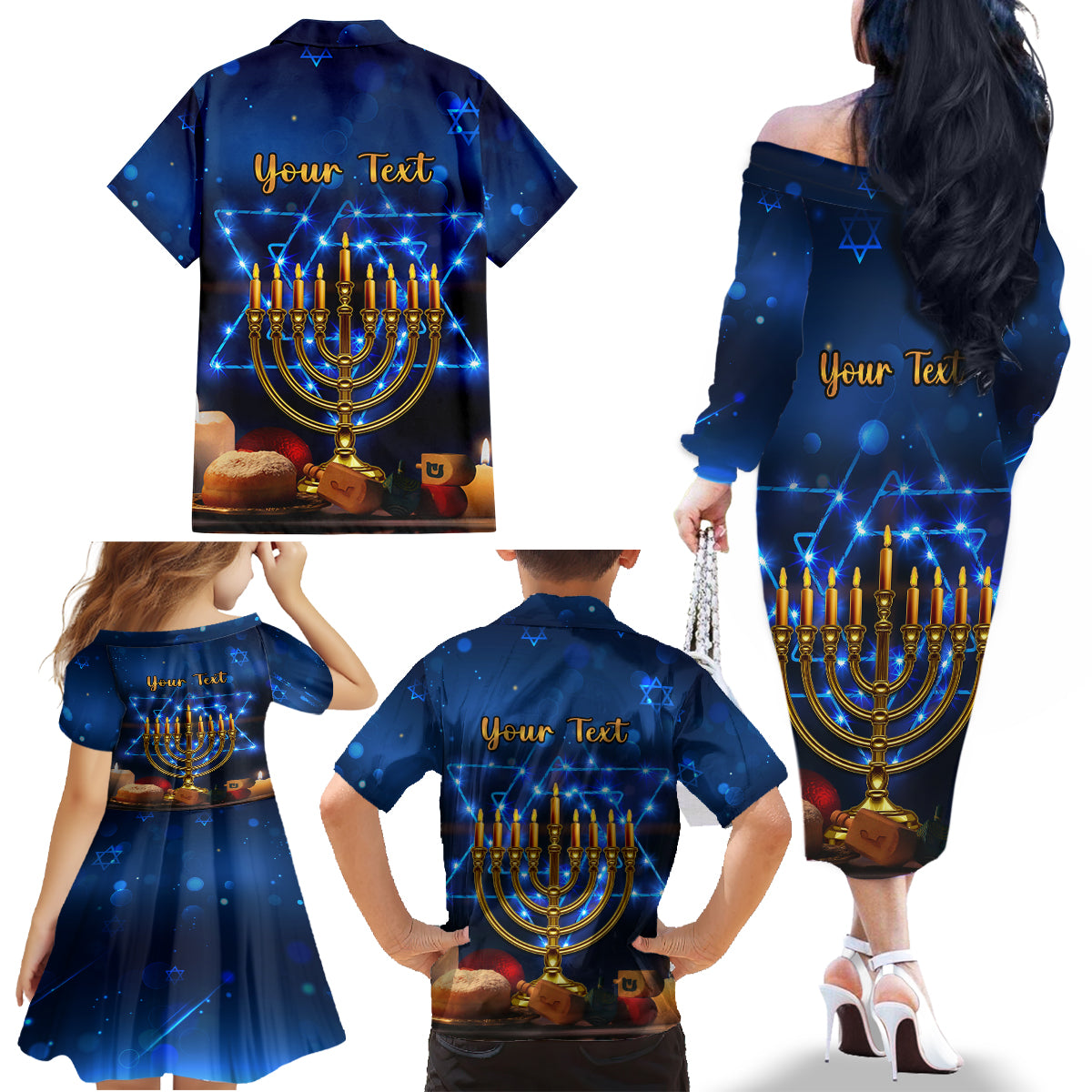 Personalised Hanukkah Family Matching Off Shoulder Long Sleeve Dress and Hawaiian Shirt Menorah Happy Jewish Holiday - Wonder Print Shop