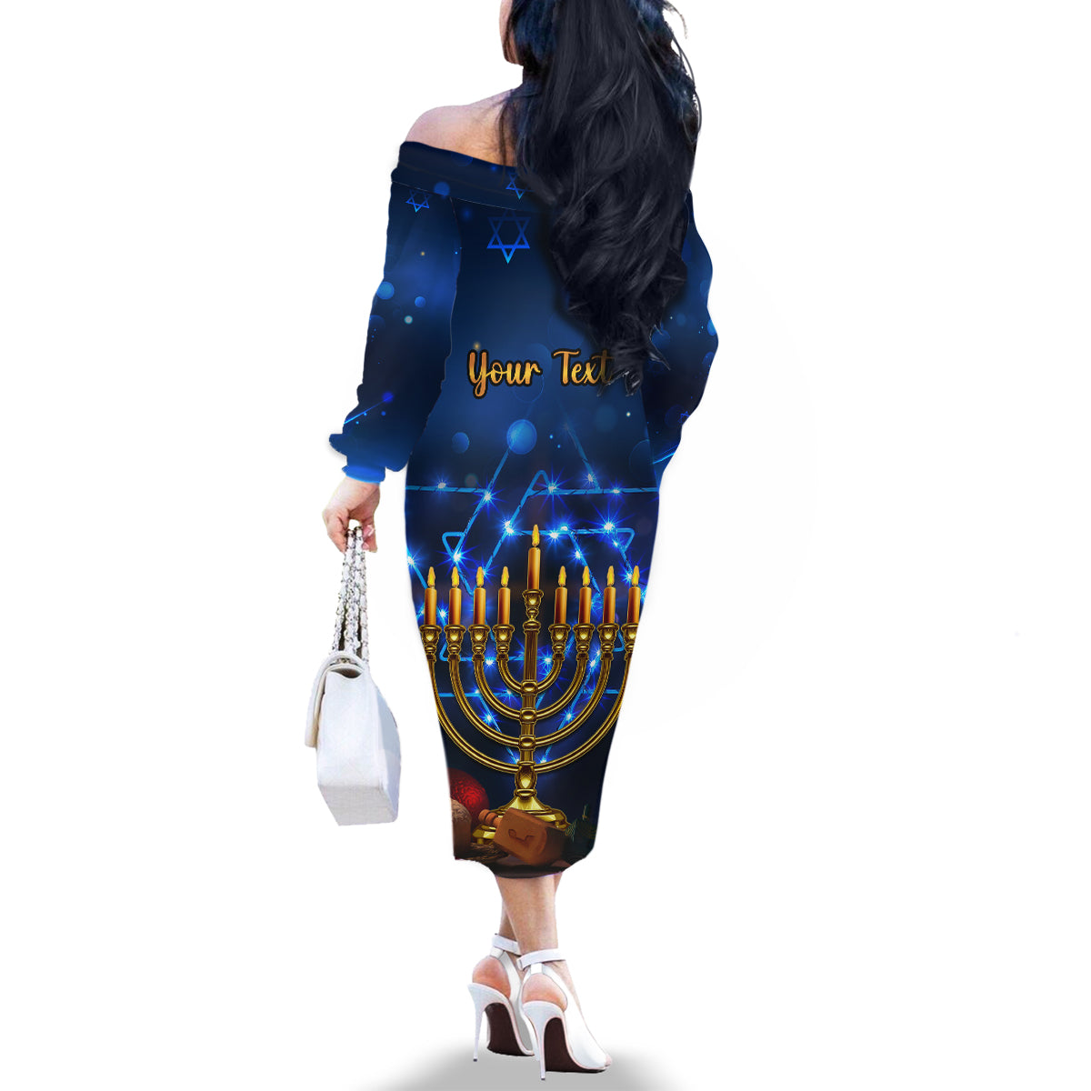 Personalised Hanukkah Family Matching Off Shoulder Long Sleeve Dress and Hawaiian Shirt Menorah Happy Jewish Holiday - Wonder Print Shop