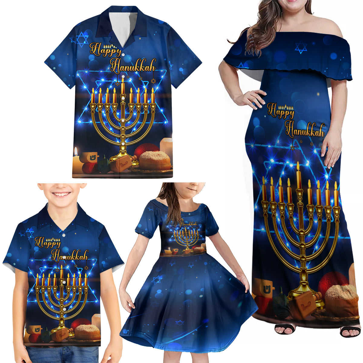 Personalised Hanukkah Family Matching Off Shoulder Maxi Dress and Hawaiian Shirt Menorah Happy Jewish Holiday - Wonder Print Shop