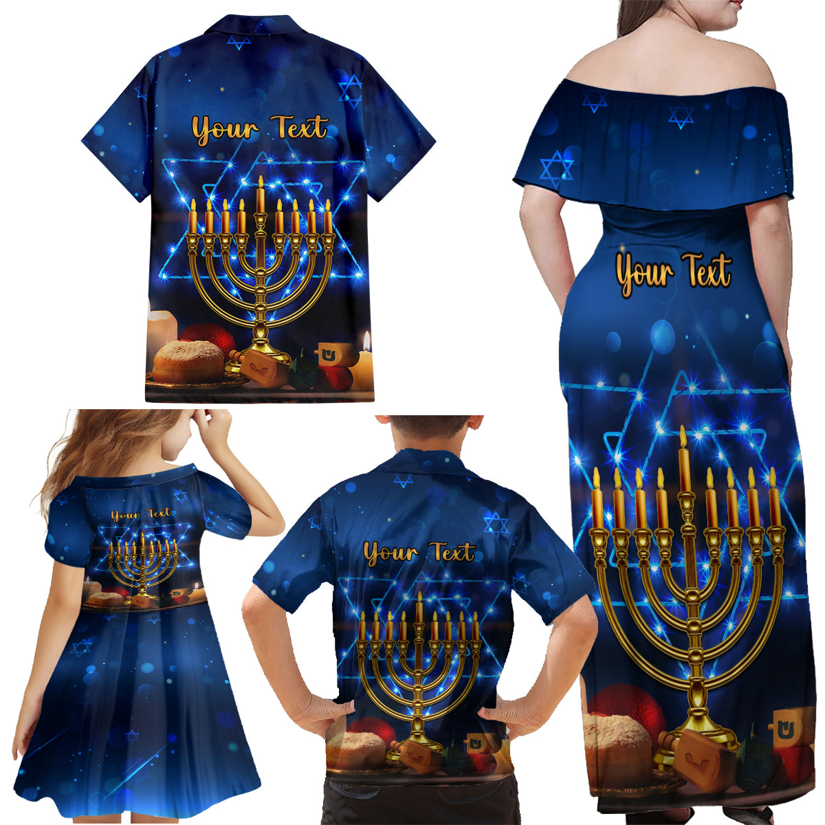 Personalised Hanukkah Family Matching Off Shoulder Maxi Dress and Hawaiian Shirt Menorah Happy Jewish Holiday - Wonder Print Shop