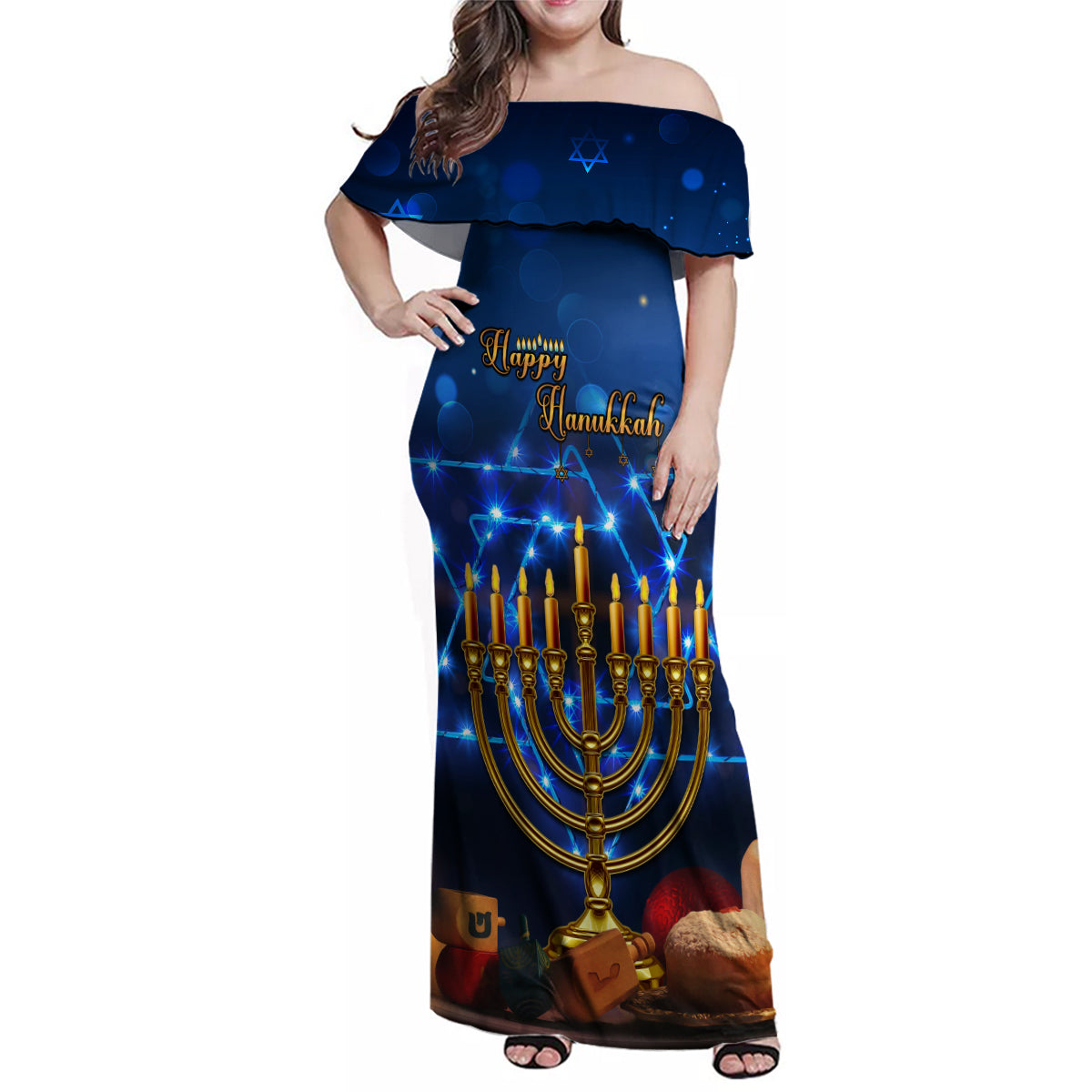 Personalised Hanukkah Family Matching Off Shoulder Maxi Dress and Hawaiian Shirt Menorah Happy Jewish Holiday - Wonder Print Shop