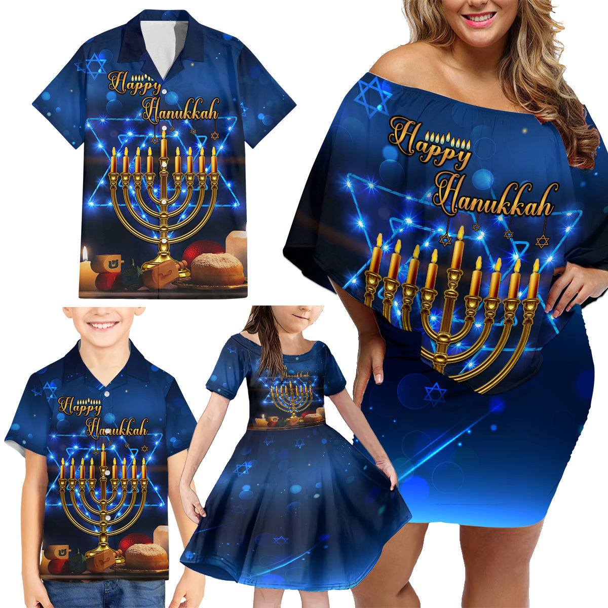 Personalised Hanukkah Family Matching Off Shoulder Short Dress and Hawaiian Shirt Menorah Happy Jewish Holiday - Wonder Print Shop