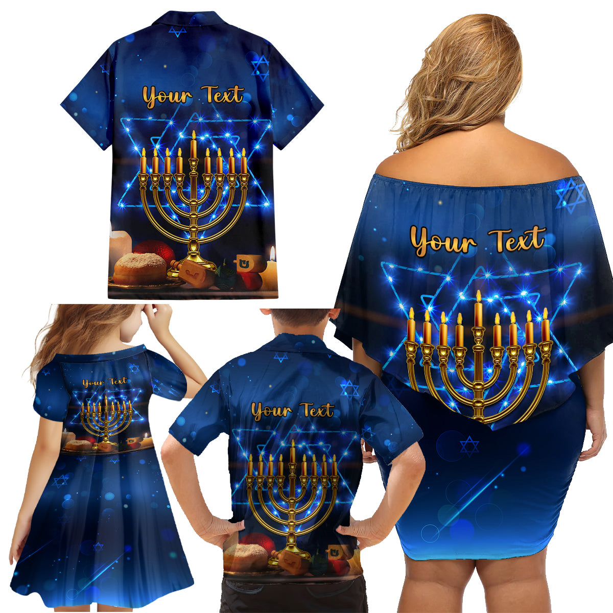 Personalised Hanukkah Family Matching Off Shoulder Short Dress and Hawaiian Shirt Menorah Happy Jewish Holiday - Wonder Print Shop