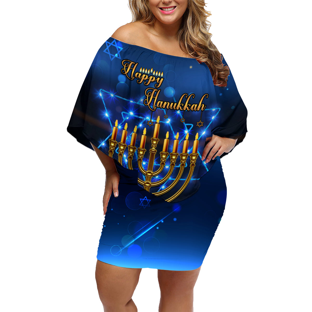 Personalised Hanukkah Family Matching Off Shoulder Short Dress and Hawaiian Shirt Menorah Happy Jewish Holiday - Wonder Print Shop