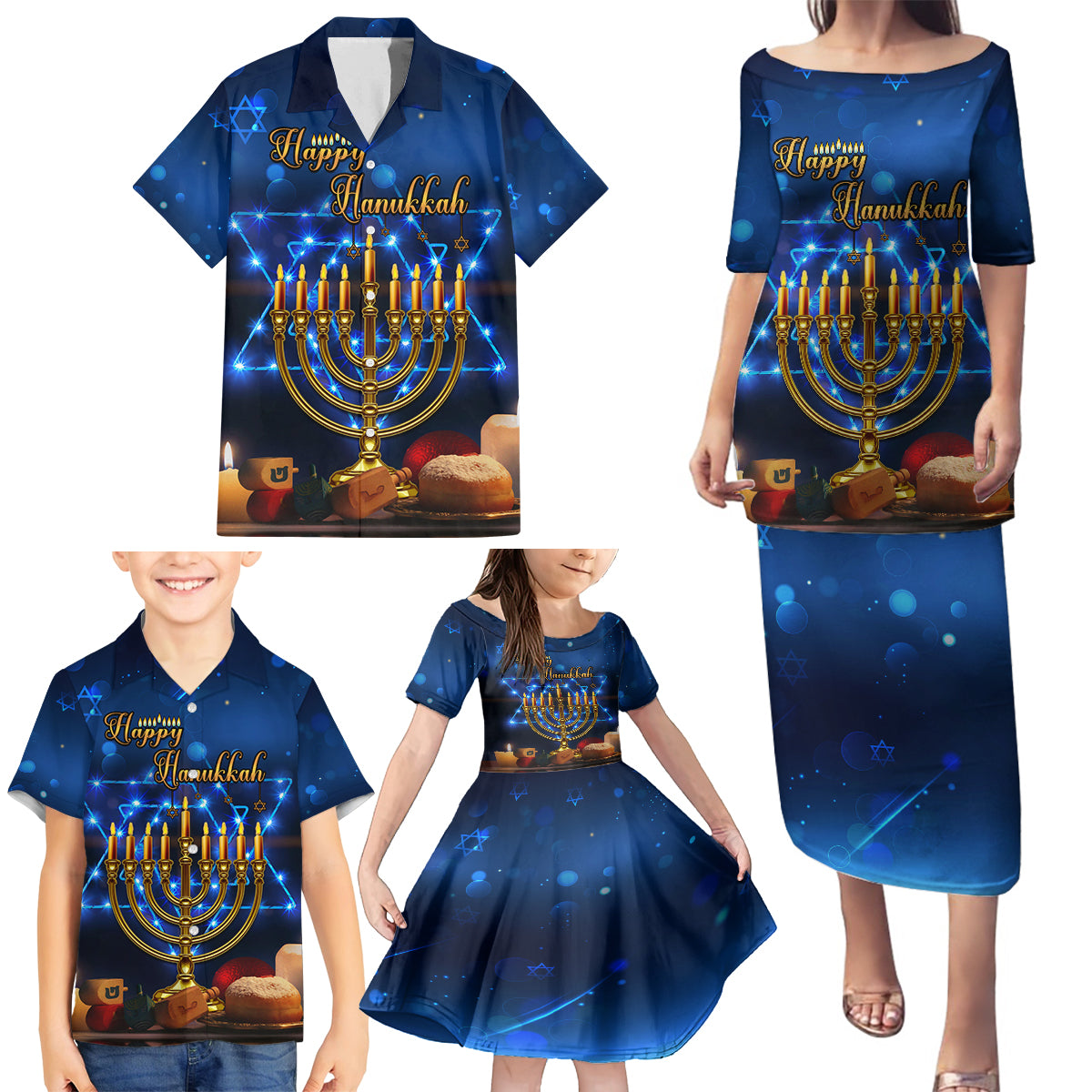 Personalised Hanukkah Family Matching Puletasi Dress and Hawaiian Shirt Menorah Happy Jewish Holiday - Wonder Print Shop