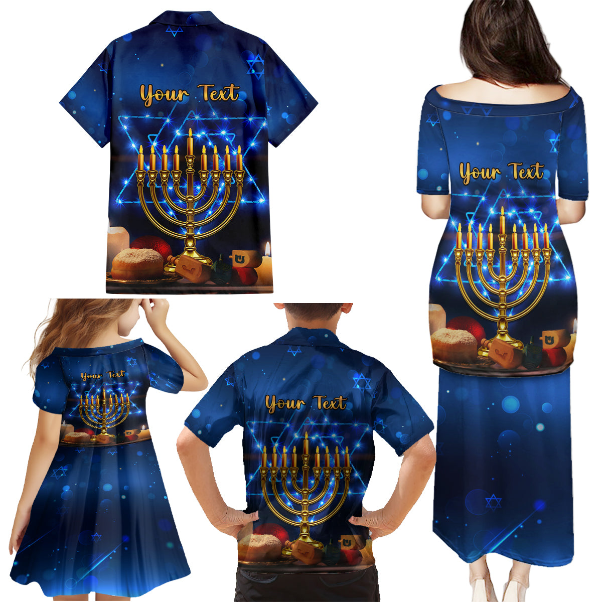 Personalised Hanukkah Family Matching Puletasi Dress and Hawaiian Shirt Menorah Happy Jewish Holiday - Wonder Print Shop