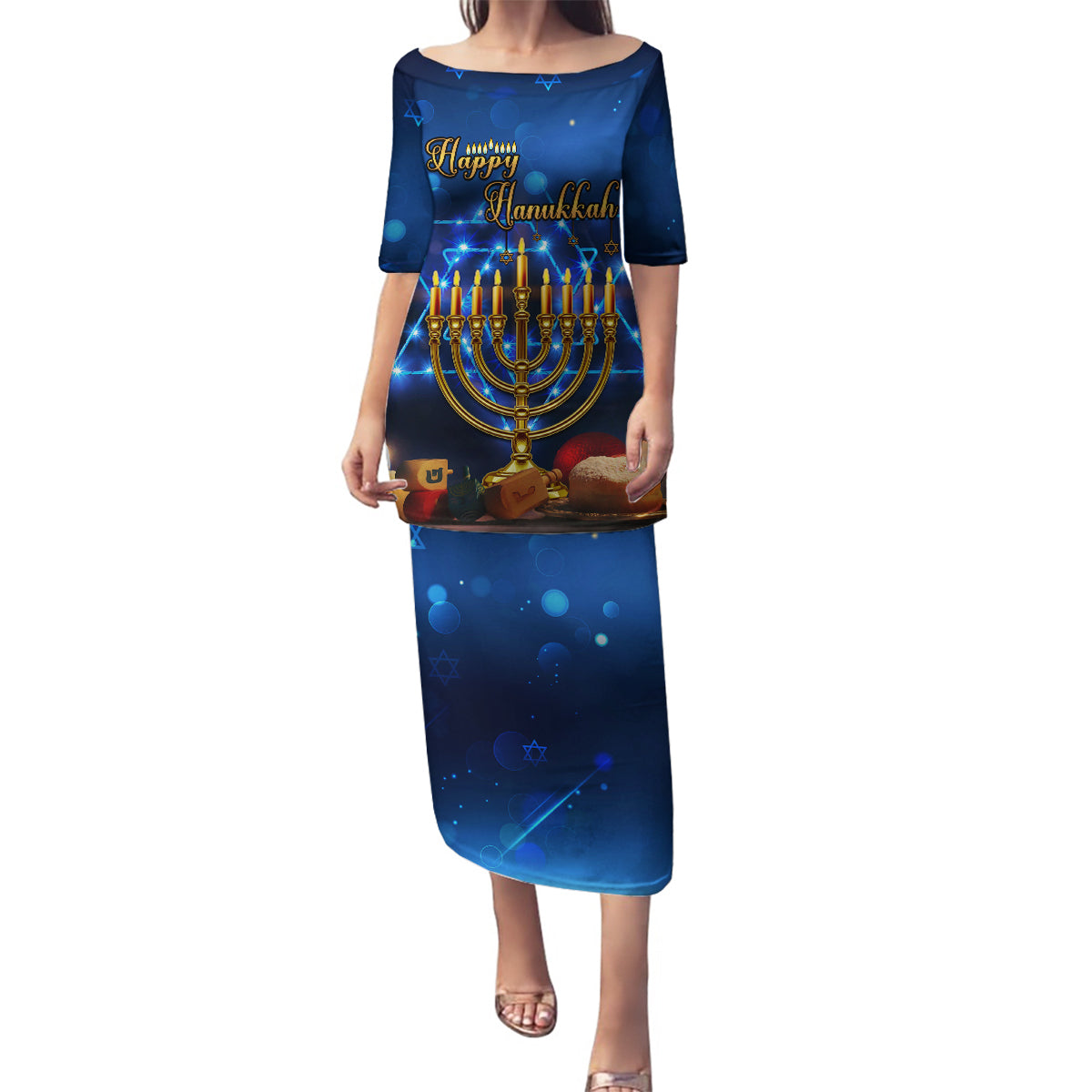 Personalised Hanukkah Family Matching Puletasi Dress and Hawaiian Shirt Menorah Happy Jewish Holiday - Wonder Print Shop