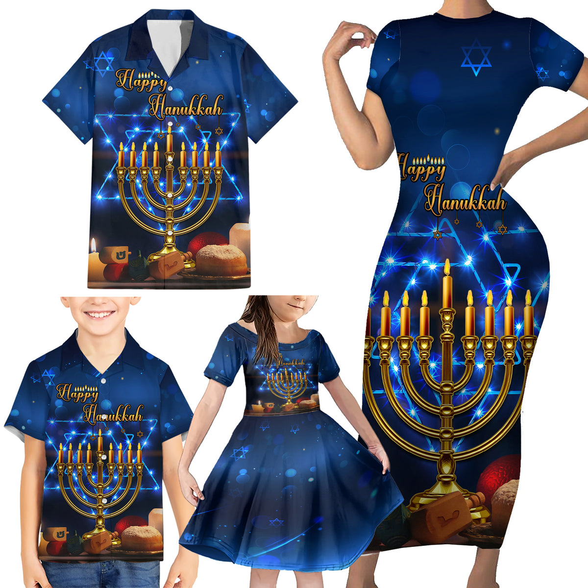 Personalised Hanukkah Family Matching Short Sleeve Bodycon Dress and Hawaiian Shirt Menorah Happy Jewish Holiday - Wonder Print Shop