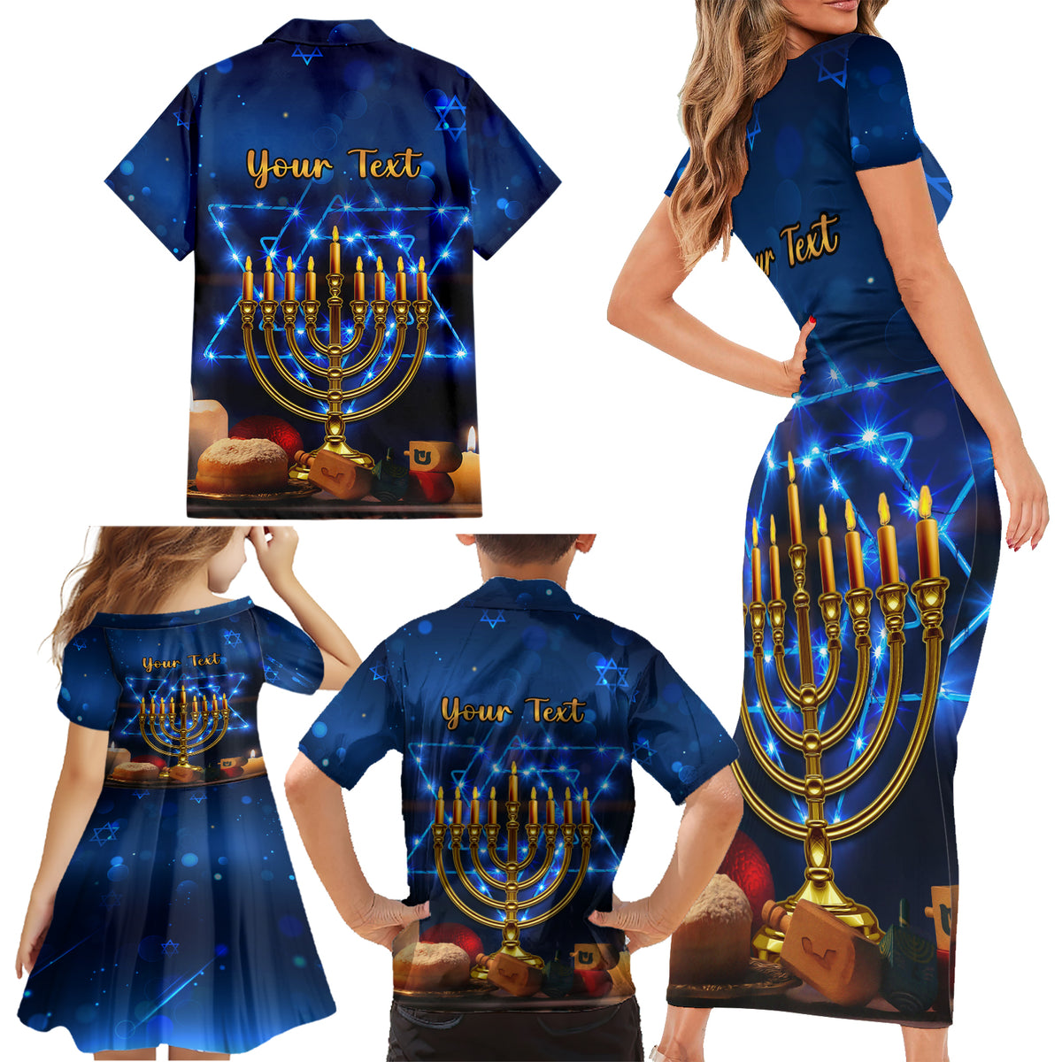 Personalised Hanukkah Family Matching Short Sleeve Bodycon Dress and Hawaiian Shirt Menorah Happy Jewish Holiday - Wonder Print Shop