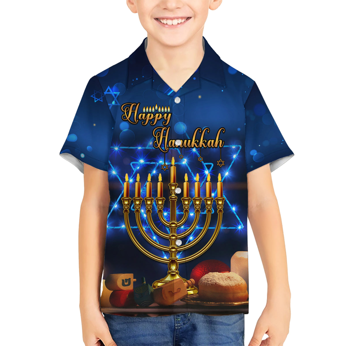 Personalised Hanukkah Family Matching Short Sleeve Bodycon Dress and Hawaiian Shirt Menorah Happy Jewish Holiday - Wonder Print Shop