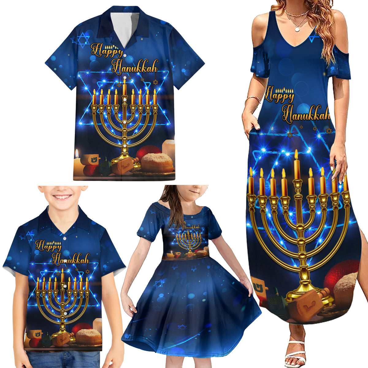 Personalised Hanukkah Family Matching Summer Maxi Dress and Hawaiian Shirt Menorah Happy Jewish Holiday - Wonder Print Shop