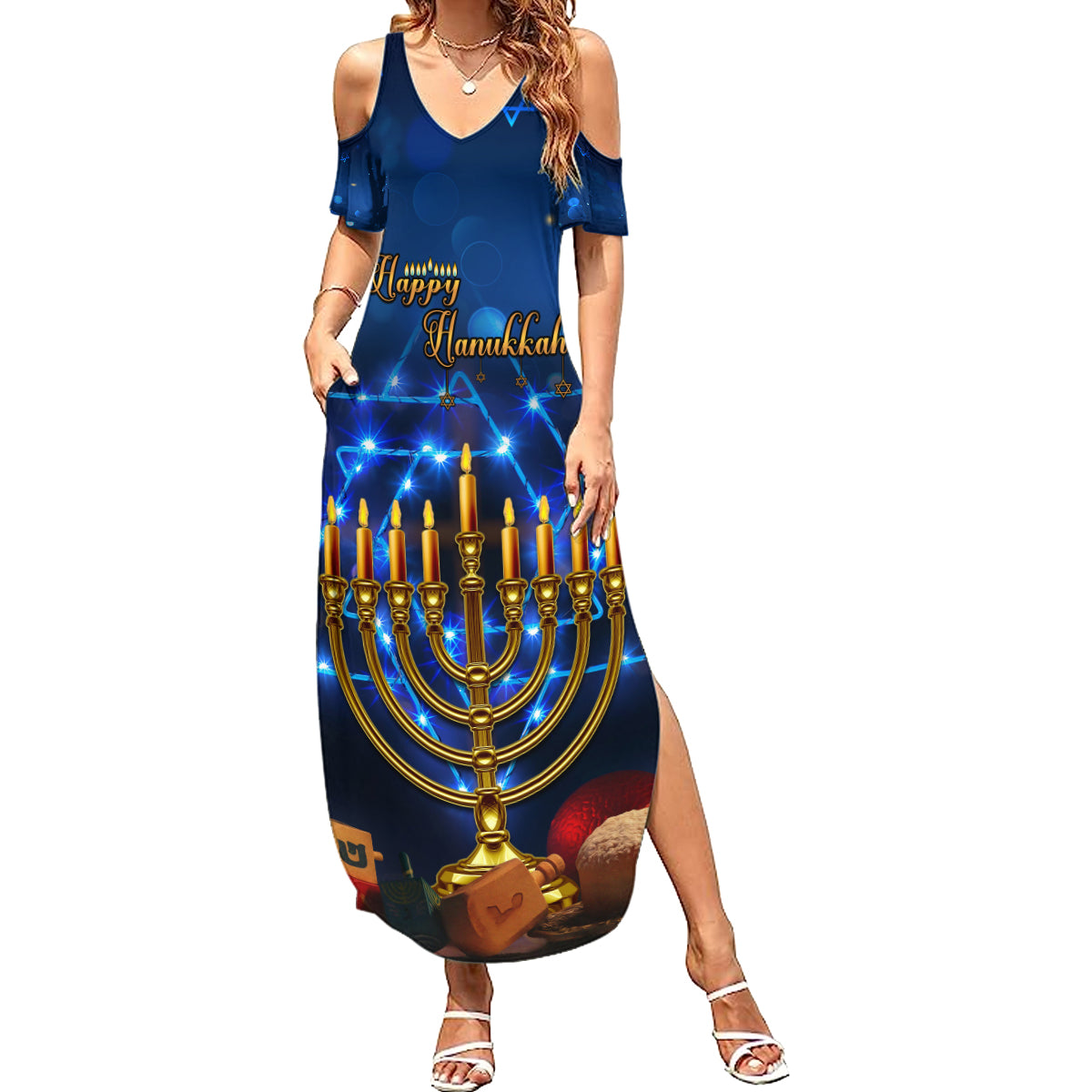 Personalised Hanukkah Family Matching Summer Maxi Dress and Hawaiian Shirt Menorah Happy Jewish Holiday - Wonder Print Shop