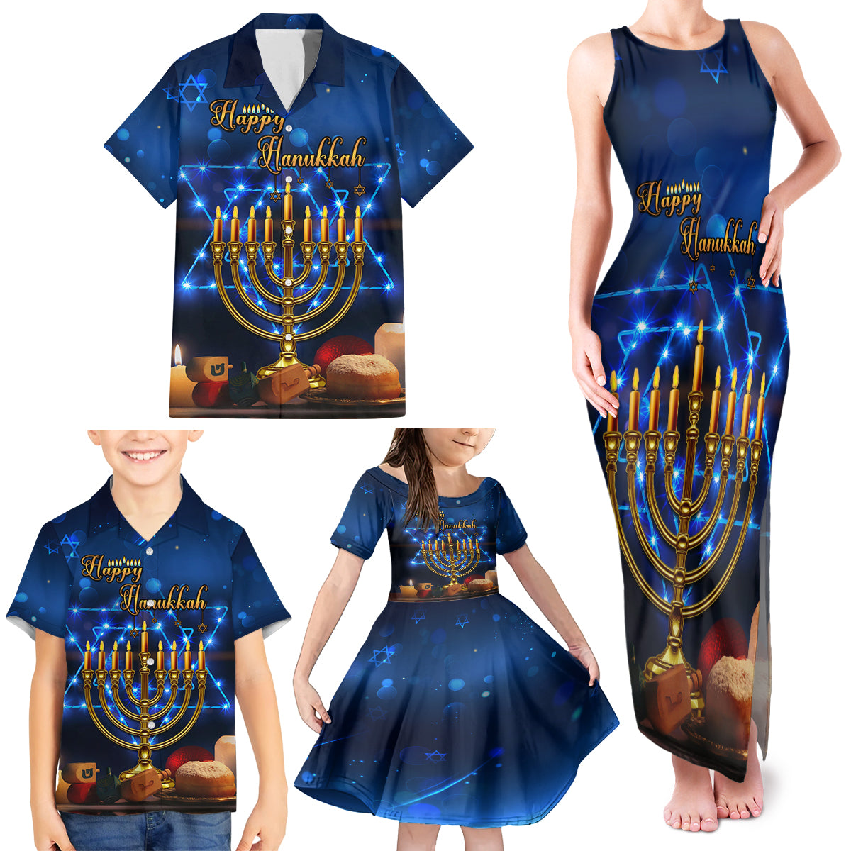 Personalised Hanukkah Family Matching Tank Maxi Dress and Hawaiian Shirt Menorah Happy Jewish Holiday - Wonder Print Shop