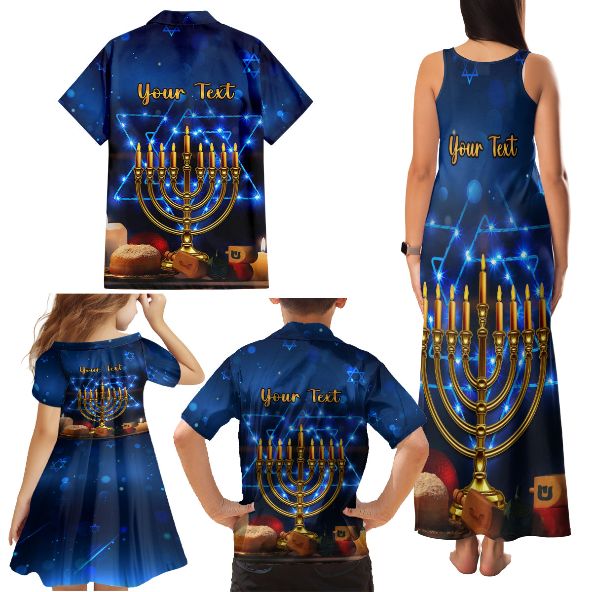 Personalised Hanukkah Family Matching Tank Maxi Dress and Hawaiian Shirt Menorah Happy Jewish Holiday - Wonder Print Shop