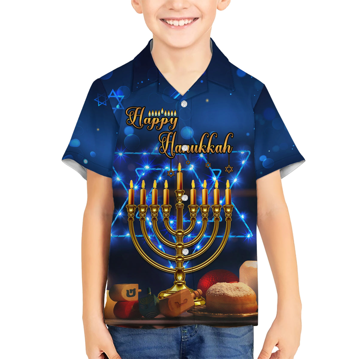Personalised Hanukkah Kid Hawaiian Shirt Menorah Happy Jewish Holiday - Wonder Print Shop