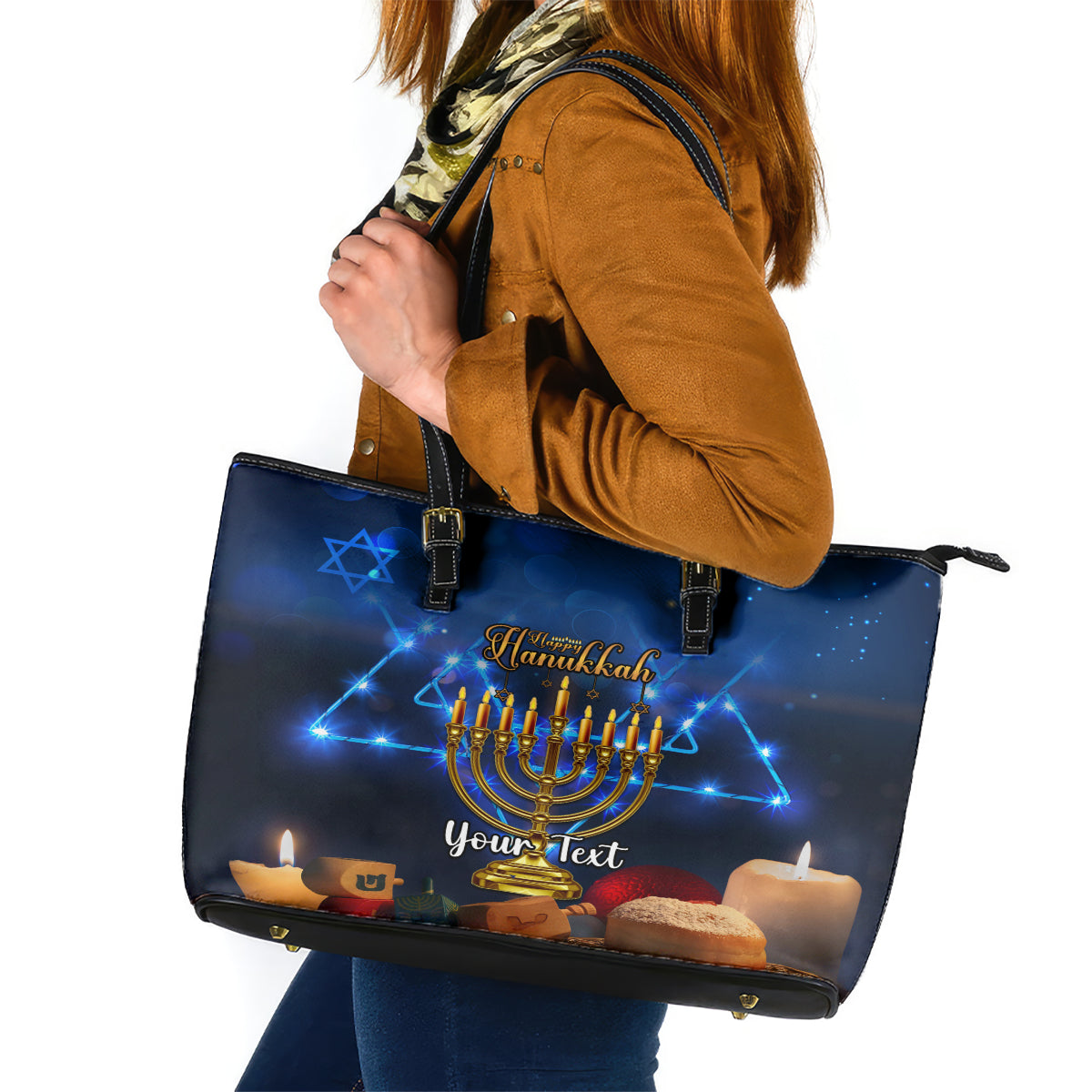 Personalised Hanukkah Leather Tote Bag Menorah Happy Jewish Holiday - Wonder Print Shop