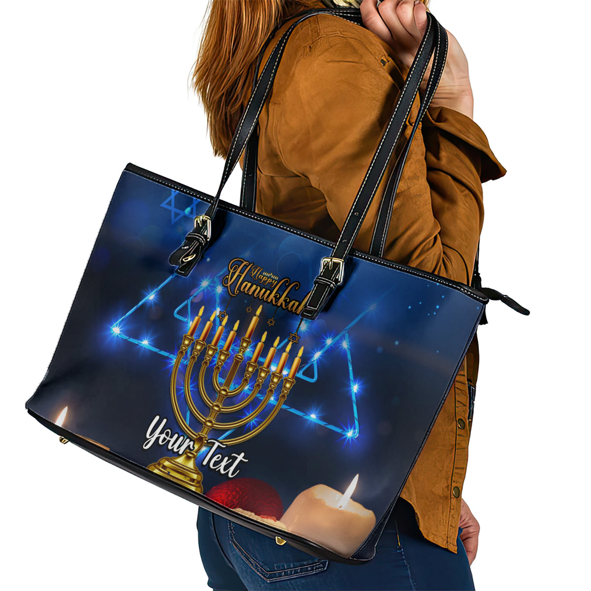Personalised Hanukkah Leather Tote Bag Menorah Happy Jewish Holiday - Wonder Print Shop