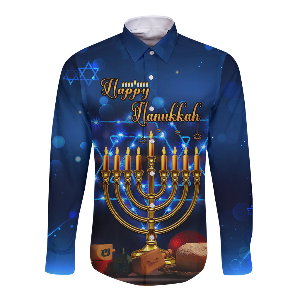 Personalised Hanukkah Long Sleeve Button Shirt Menorah Happy Jewish Holiday - Wonder Print Shop