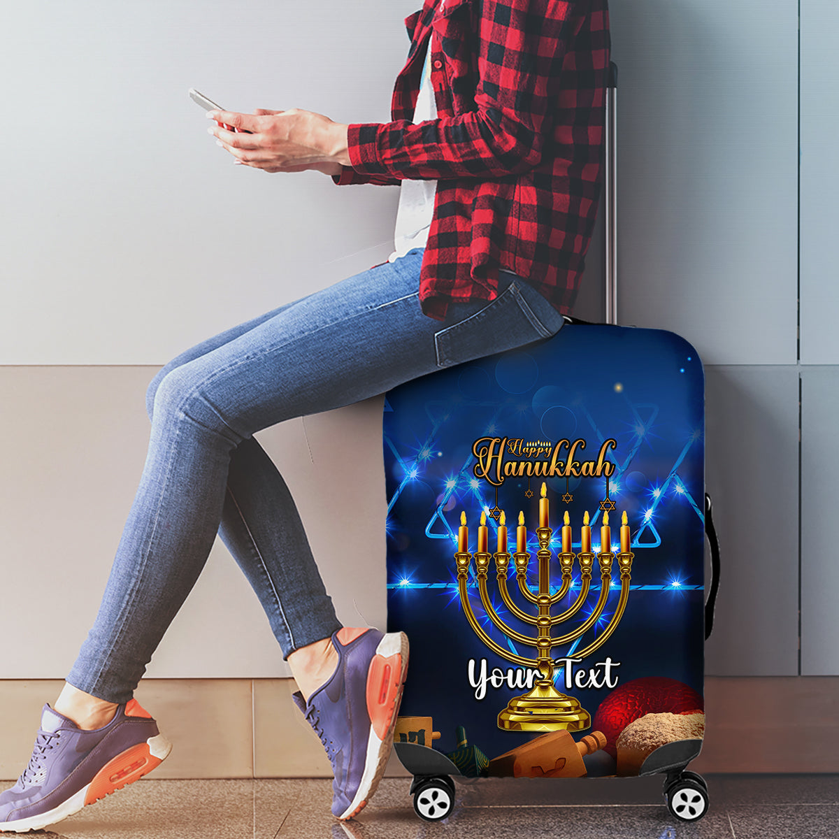 Personalised Hanukkah Luggage Cover Menorah Happy Jewish Holiday - Wonder Print Shop