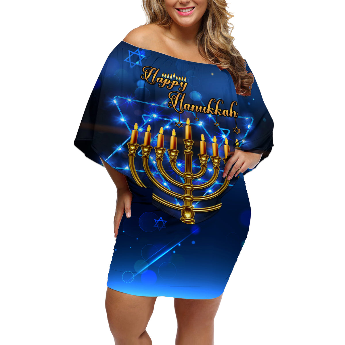 Personalised Hanukkah Off Shoulder Short Dress Menorah Happy Jewish Holiday - Wonder Print Shop