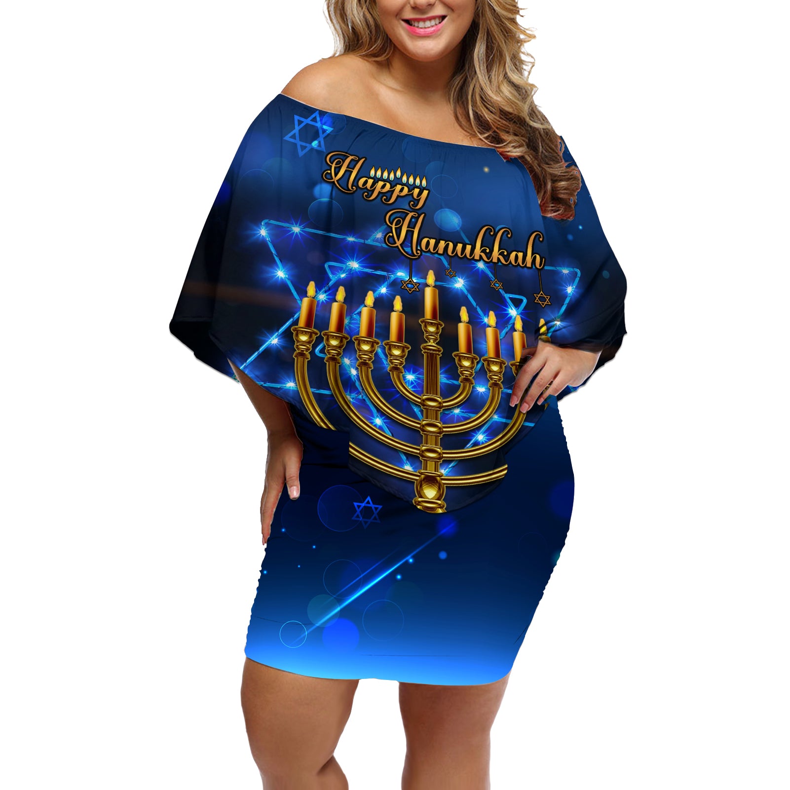 Personalised Hanukkah Off Shoulder Short Dress Menorah Happy Jewish Holiday - Wonder Print Shop
