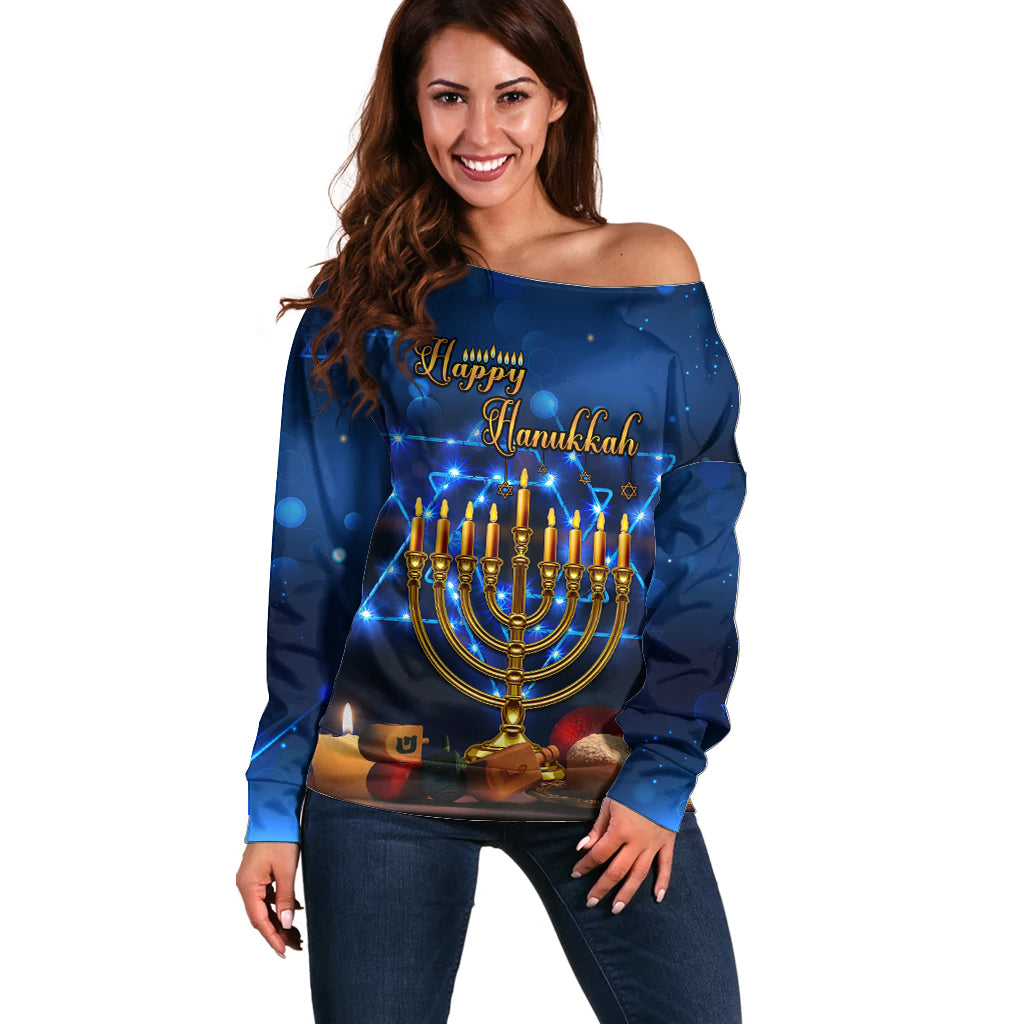 Personalised Hanukkah Off Shoulder Sweater Menorah Happy Jewish Holiday - Wonder Print Shop