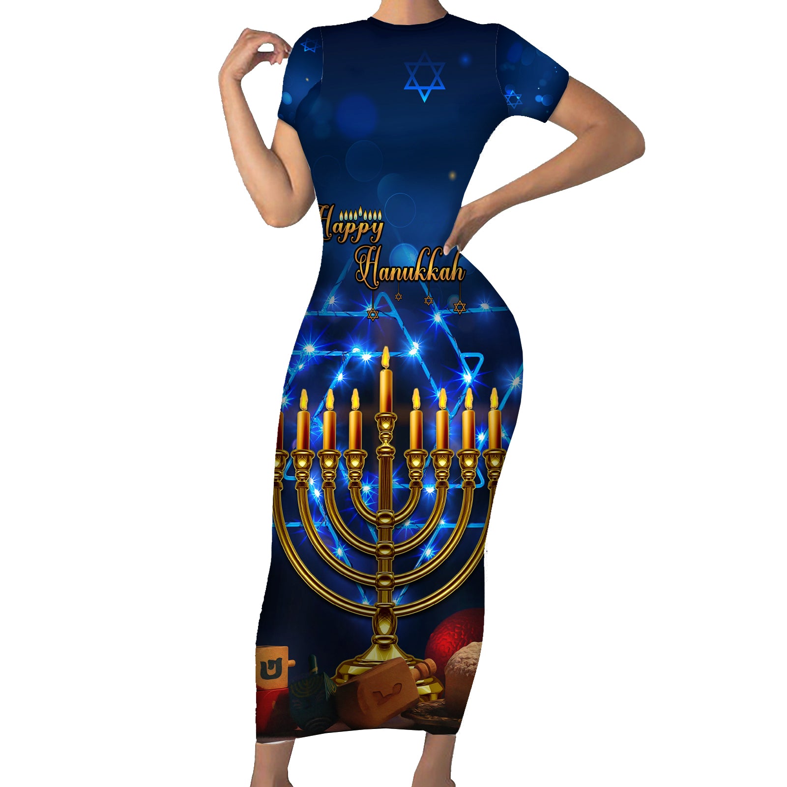Personalised Hanukkah Short Sleeve Bodycon Dress Menorah Happy Jewish Holiday - Wonder Print Shop