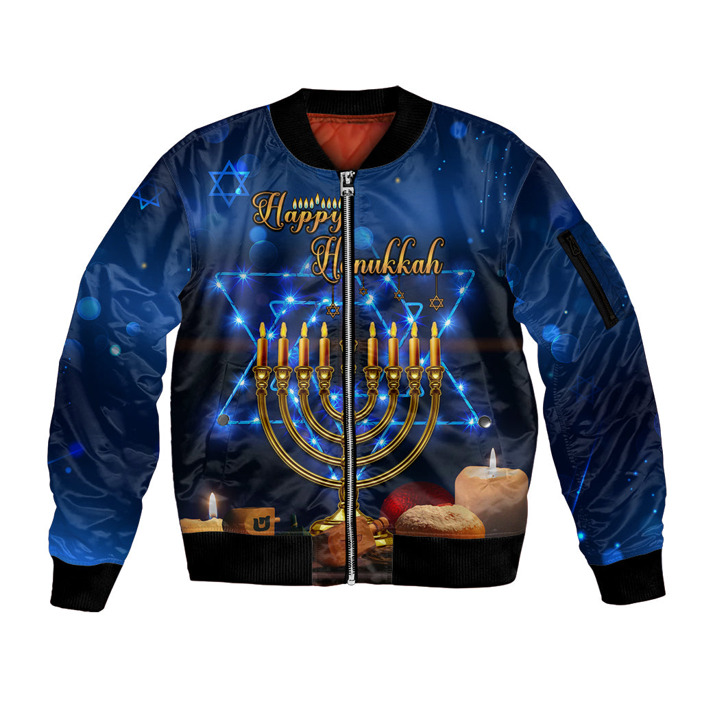 Personalised Hanukkah Sleeve Zip Bomber Jacket Menorah Happy Jewish Holiday - Wonder Print Shop